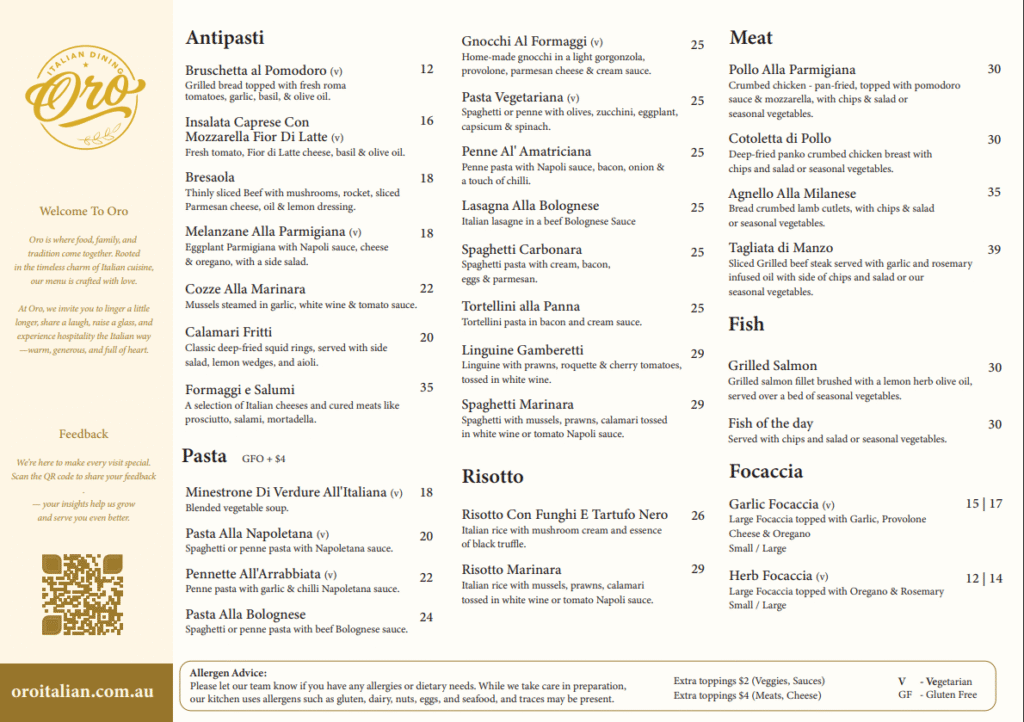 Roro Menu ORO Italian Elsternwick - Food Menu